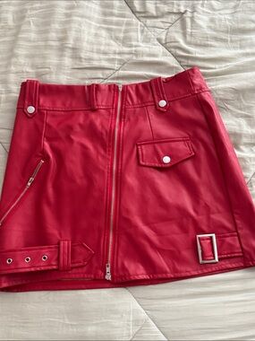 Faux Leather Red Mini Skirt with Front Zip